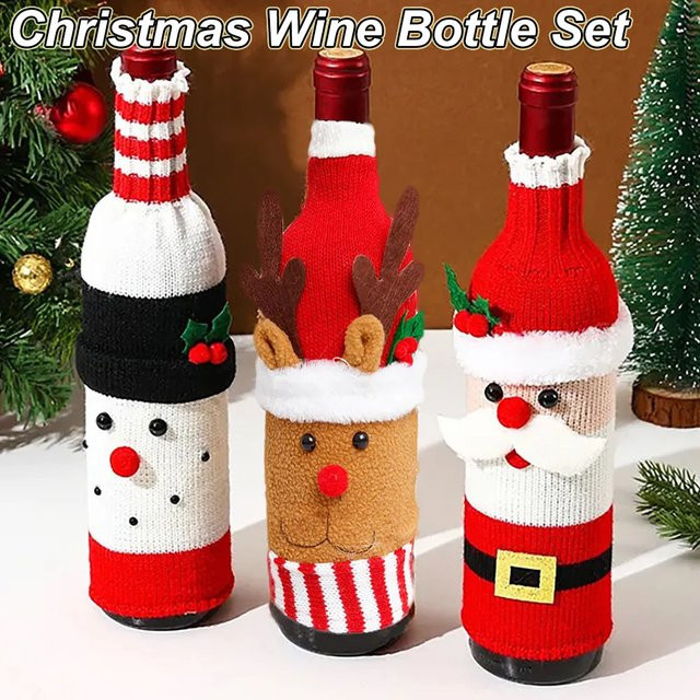 Weihnachten Wein Flaschenhüllen Set aus Textil mit Santa und Schneemann in Rot für Tischdekoration und Geschenke - Bild 1