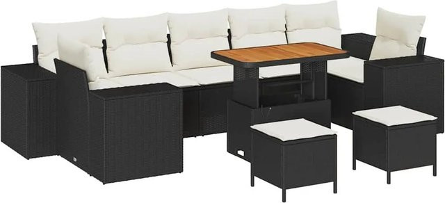 vidaXL Garten-Sofa-Set 10-teilig aus Polyrattan in Schwarz mit beigen Polstern und Akzentkissen für Terrasse und Garten - Bild 1