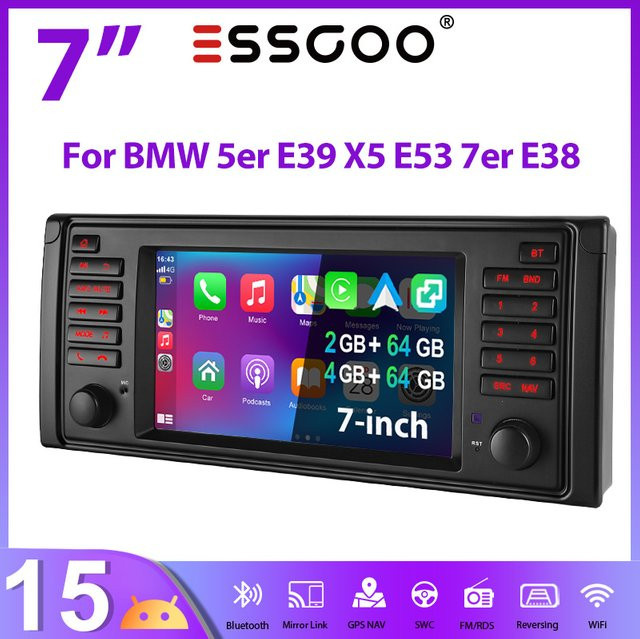 ESSGOO Android 15 Autoradio mit 7 Zoll IPS Touchscreen Display für BMW 5er E39 M5 1996-2003, Schwarz, Apple CarPlay, Android Auto, GPS, Bluetooth, Wifi und Lenkradfernbedienung - Bild 1