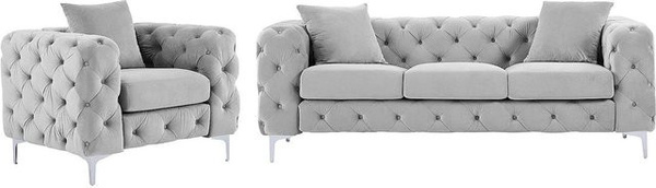 Vente-unique Couchgarnitur Edwina aus Samt in Hellgrau bestehend aus 3-Sitzer Sofa und Sessel, Breite: 220 cm, Breite Sessel: 106 cm