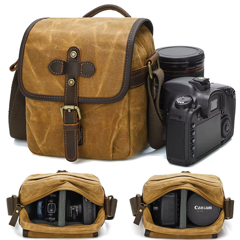 QISEMIAN Umhängetasche für DSLR-Digitalkameras als lässige Fototasche und Objektivtasche in Grün und Braun - Bild 4