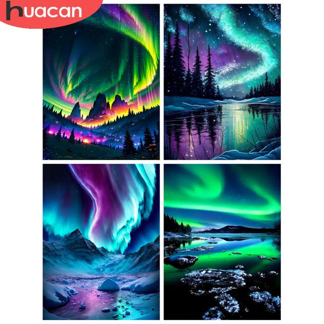 HUACAN Diamant-Mosaik-Landschafts-Diamantgemälde Aurora Borealis mit vollen runden Bohrern als kreative Wanddekoration, Multicolor, Breite: 30 cm, Höhe: 40 cm - Bild 1