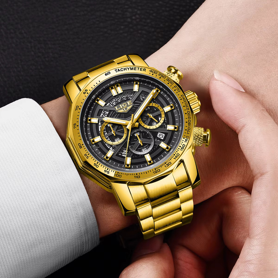 LIGE Chronograph Armbanduhr Edelstahl, Gold, Quarz, Herren - Bild 5