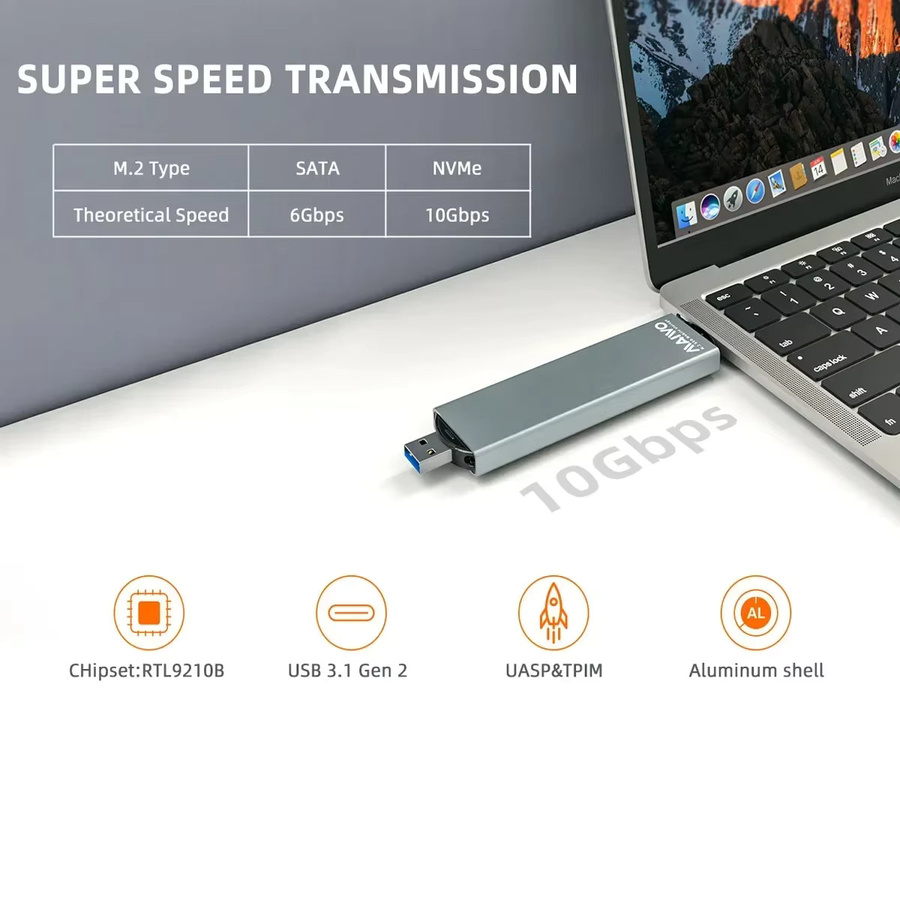 MAIWO M.2 SSD-Gehäuse USB-C 10Gbps für NVMe und SATA SSDs, Farbe: Grau - Bild 2
