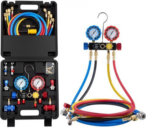 VEVOR 4-Wege-Kältemittel-Manifold-Gauge-Set für R134a R404A R1234yf R22, Multicolour, mit 1,5m Schläuchen, Adaptern, Schnellkupplungen und Dosierhähnen für die Wartung von Kfz-Klimaanlagen - Bild 1