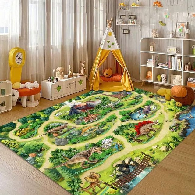 Waschbare Dinosaurier Dschungel Labyrinth Matte für Wohnzimmer, Schlafzimmer oder Außenbereich, B/T: 80 x 120 cm, Mehrfarbig - Bild 1