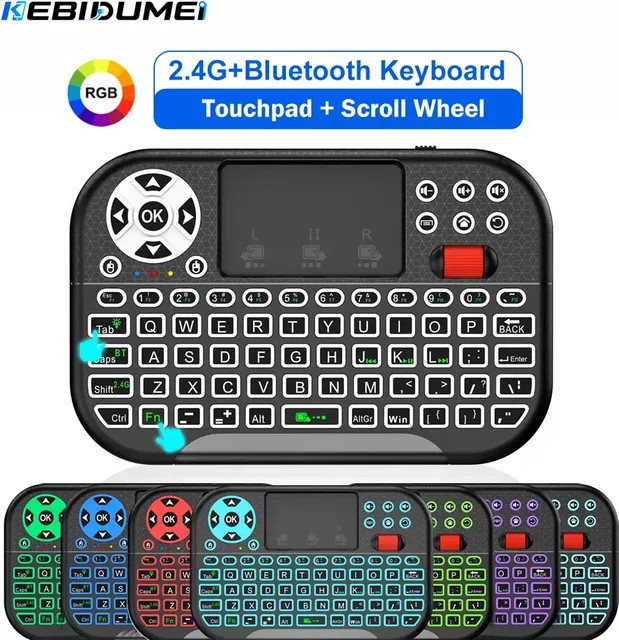 KEBIDUMEI Mini-Tastatur mit RGB-Hintergrundbeleuchtung, Bluetooth und 2.4G kabellos, inklusive Touchpad, Scrollrad und Air Mouse für PC und TV Box, Schwarz - Bild 1