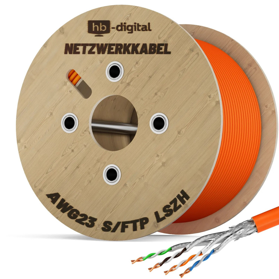 hb-digital CAT 7 Netzwerkkabel S/FTP AWG23 LSZH Ethernet LAN Kabel Orange 1000m - Bild 1