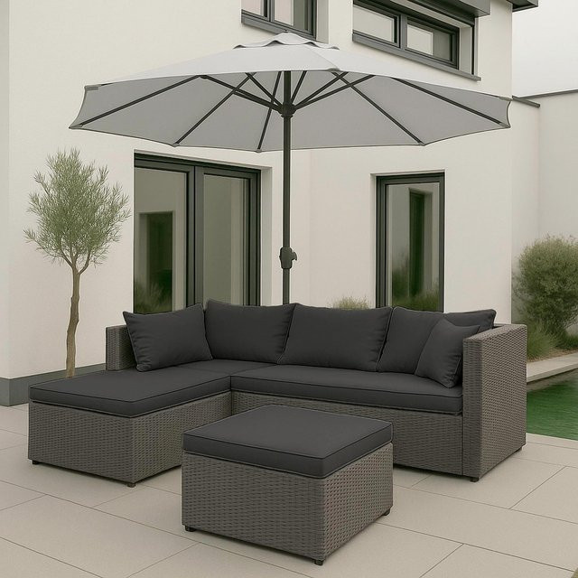 MCW Poly-Rattan Lounge-Set MCW-O46 in Grau mit dunkelgrauen Sitz- und Rückenpolstern - Bild 1