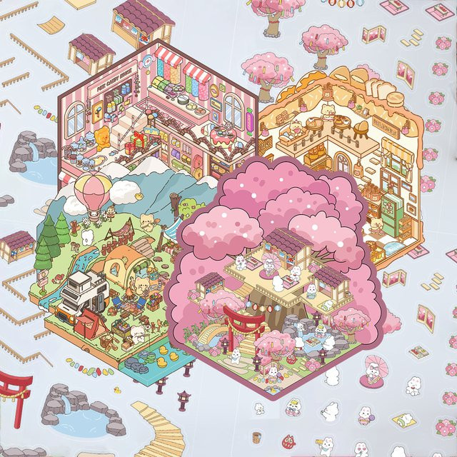 YIIMANNER 3D Cartoon Landschaft Aufkleber, Sakura Hot Spring Sake Haus Miniatur Welt, Stereoskopische Kabine, DIY Szene Aufkleber - Bild 1