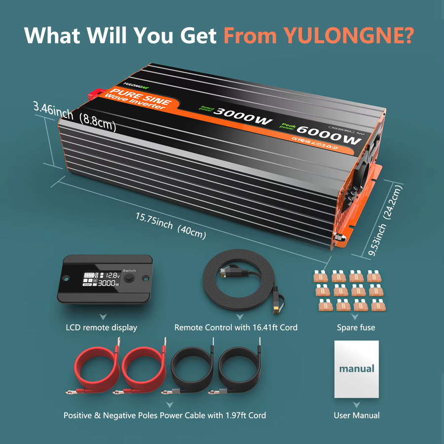 YULONGNE Reiner Sinus-Wechselrichter 3000W mit 6000W Spitzenleistung, DC12V zu AC230V, Schwarz, mit Fernbedienung und LCD-Display für Wohnmobile, LKW und Notstromversorgung - Bild 2