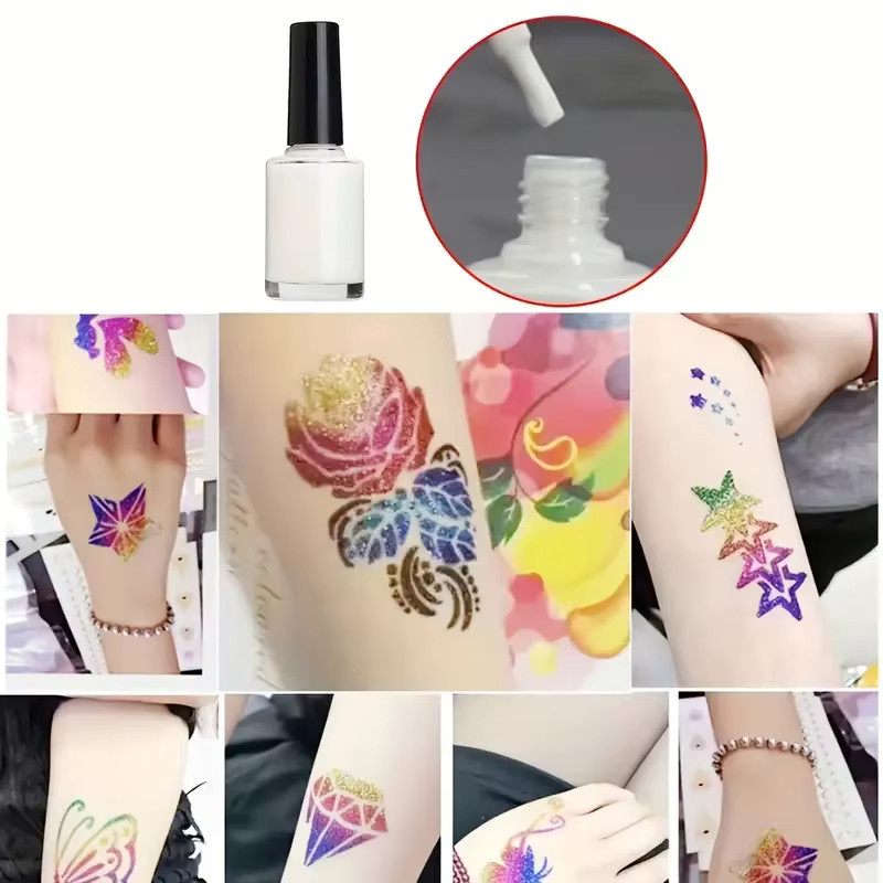 Veronni Temporäres Glitzer-Tattoo-Set, 24 Farben, 2 Kleberflaschen, 3 Schablonenblätter - Bild 4