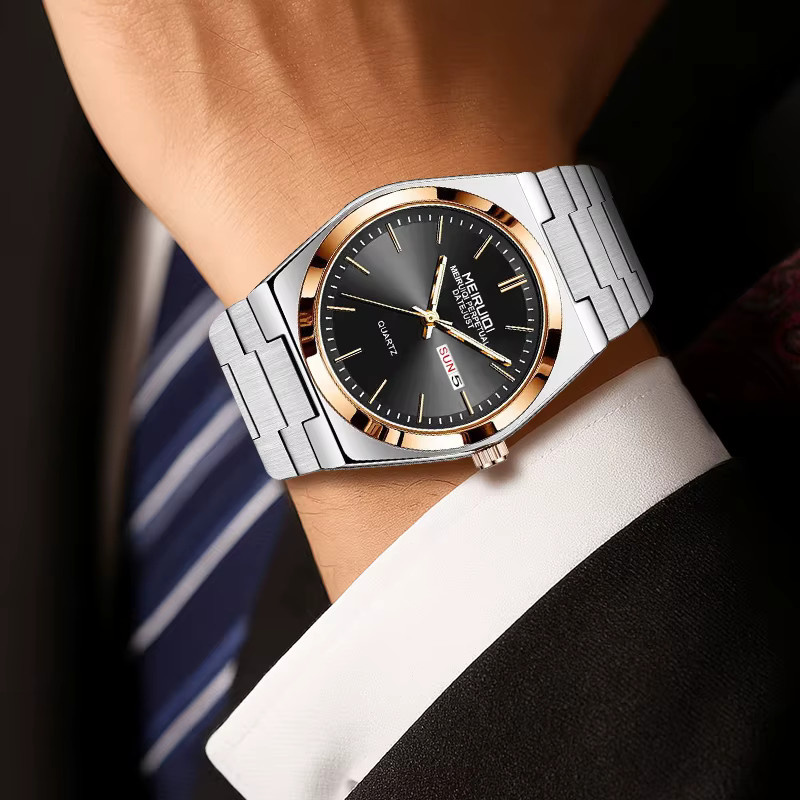 MEIRUIQI Armbanduhr Quarz, Edelstahl, Bicolor, Schwarz, Herren, Datum - Bild 5