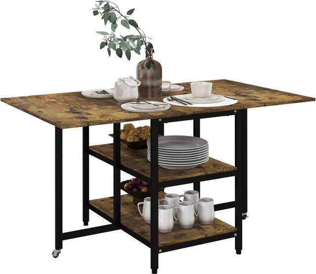 HOMCOM Esstisch klappbar mit 2 Ablagen und Rollen in Rustikal-Braun aus Stahl, B/T: 140 x 80 cm - Bild 1
