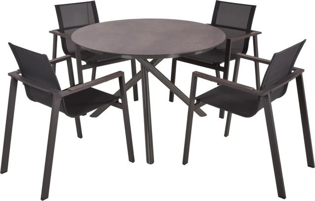 DELUKE Garten-Sitzgruppe HELGA 05 5-tlg. Gartenmöbel-Set aus Aluminium und Kunststoff in Schwarz mit rundem Esstisch und Stapelstühlen - Bild 1