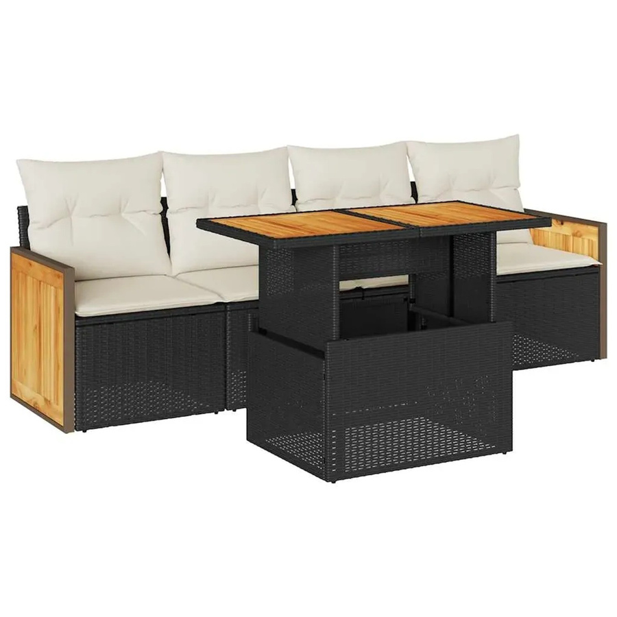 vidaXL 5-teilige Garten-Sofagarnitur aus Polyrattan und Akazienholz in Schwarz mit Kissen und Stauraum - Bild 2