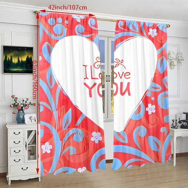 2er-Set Yiran Furniture Valentinstag Vorhang mit Ich liebe dich Aufdruck, Rot, B: 76 cm, H: 165 cm - Bild 1