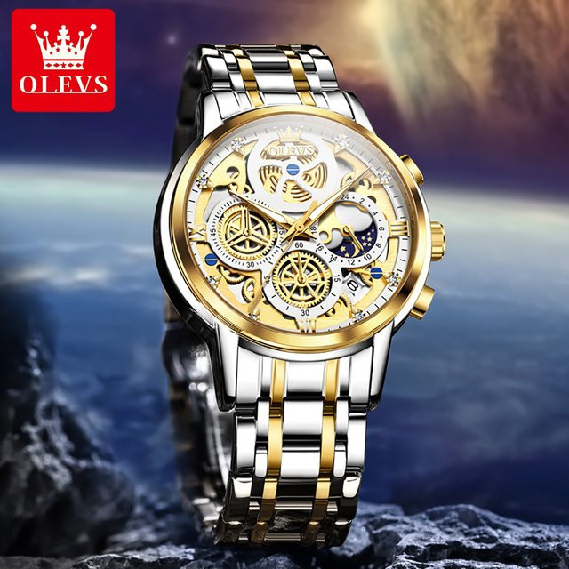 OLEVS Armbanduhr Chronograph, Mondphase, Quarz, Gold, Edelstahl, Herren - Bild 1