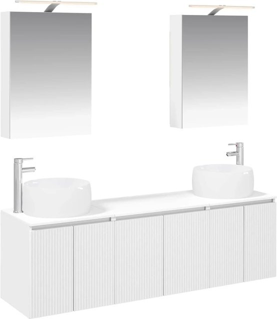 vidaXL Badezimmerschrank-Set in Weiß, modernes 5-teiliges Set aus MDF mit Waschtischunterschrank, Spiegelschrank und LED-Beleuchtung - Bild 1