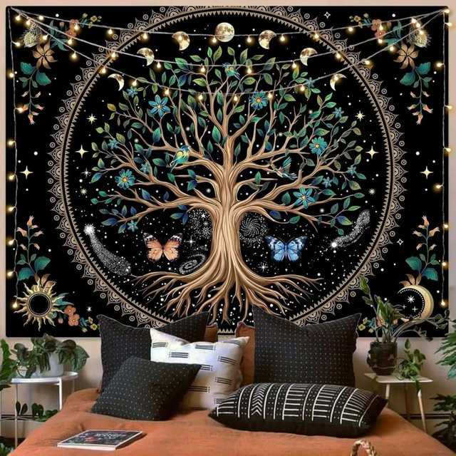 VIKAMA Bohemian Wandteppich mit Tree of Life, Sternenmond und Schmetterling im Ethno-Stil, Mehrfarbig - Bild 1
