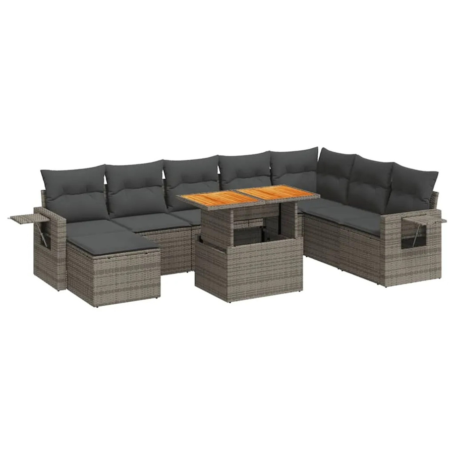 vidaXL 9-tlg. Garten-Sofagarnitur in L-Form aus grauem Poly-Rattan mit Kissen und Akazienholz - Bild 2