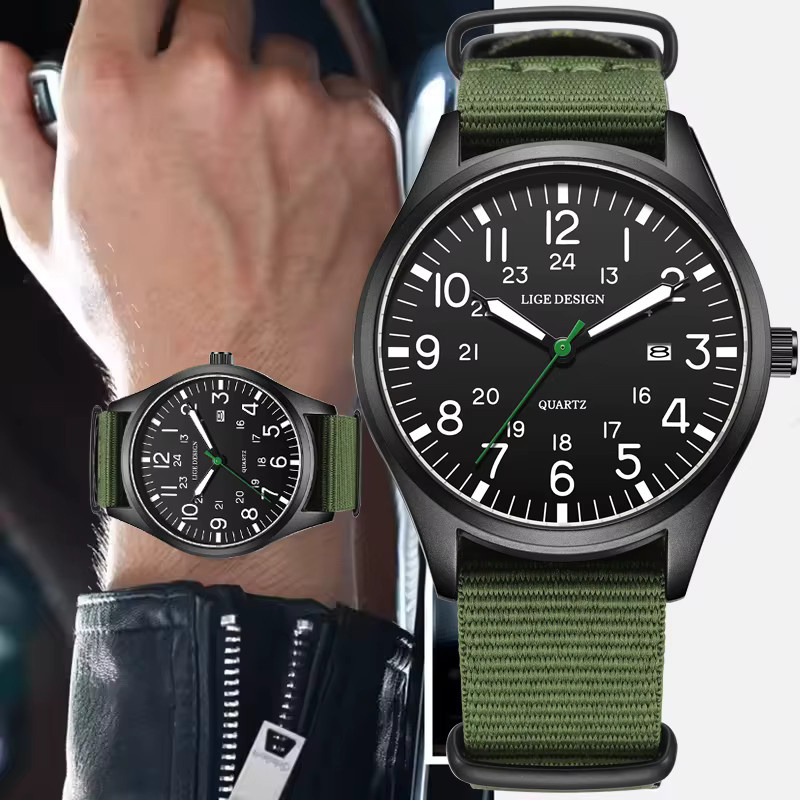 LIGE Armbanduhr Quarz, Textil/NATO, Schwarz, Herren, Datum, Leuchtzeiger - Bild 5