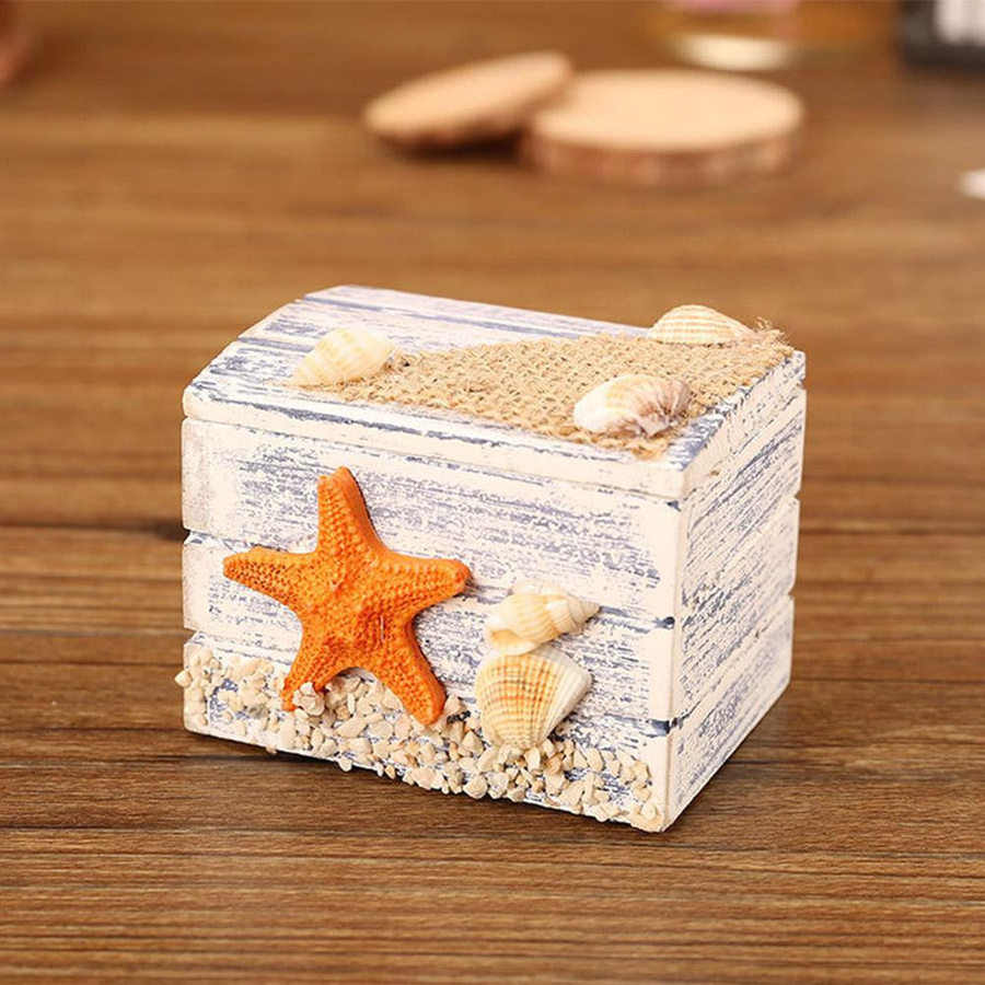 Tragbare kleine Schmuckschatulle aus Holz im mediterranen Stil mit Seestern-Design in Weiß, Blau und Gelb - Bild 2