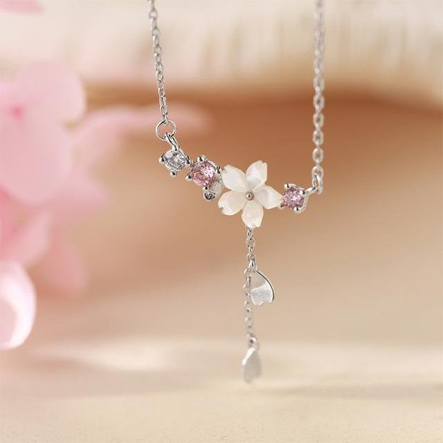 Wucifang Jewelry Halskette, 925 Sterlingsilber, Blumen, Kristall, Muschel, Damen - Bild 1