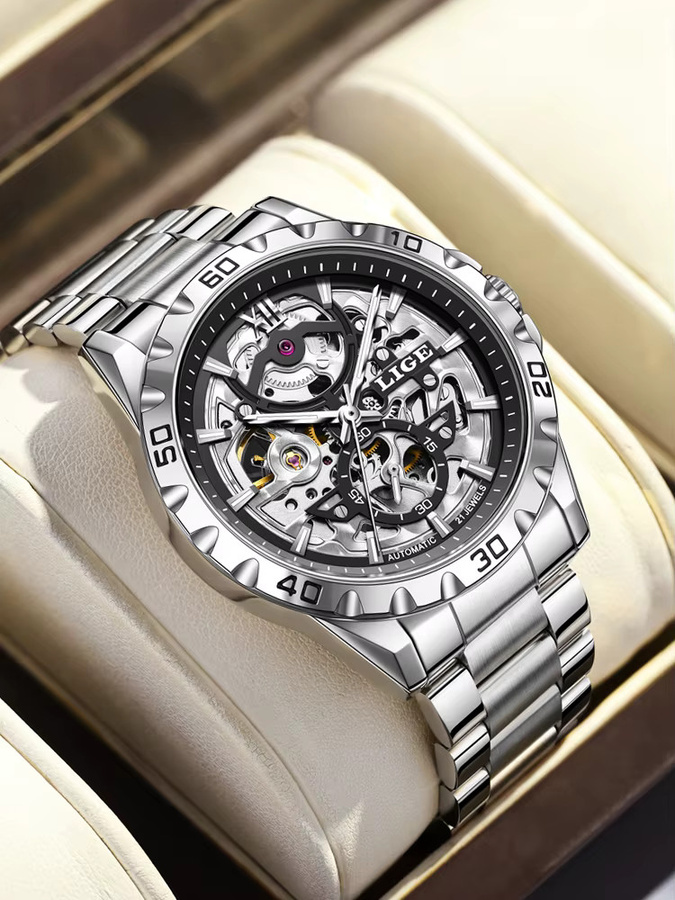 LIGE Ringuhr, Automatik, Edelstahl, Schwarz, Herren - Bild 6