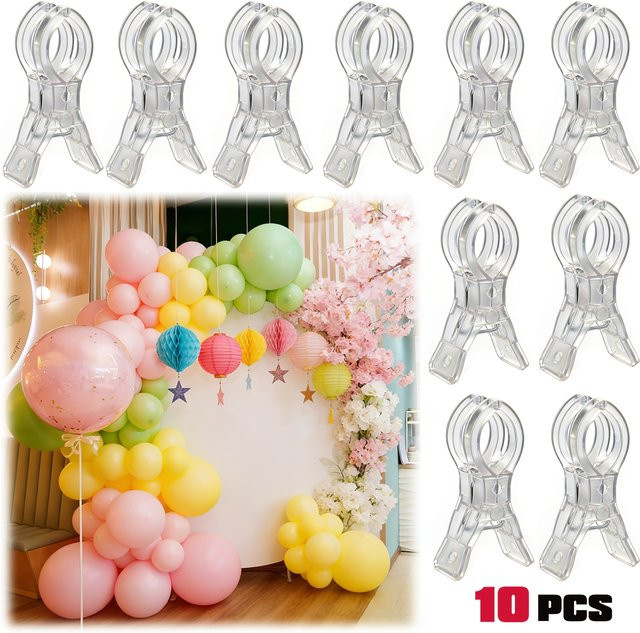 10 Stück transparente Kunststoff-Federklammern aus Nylon für die Fixierung von Ballonbögen und Hintergründen - Bild 1
