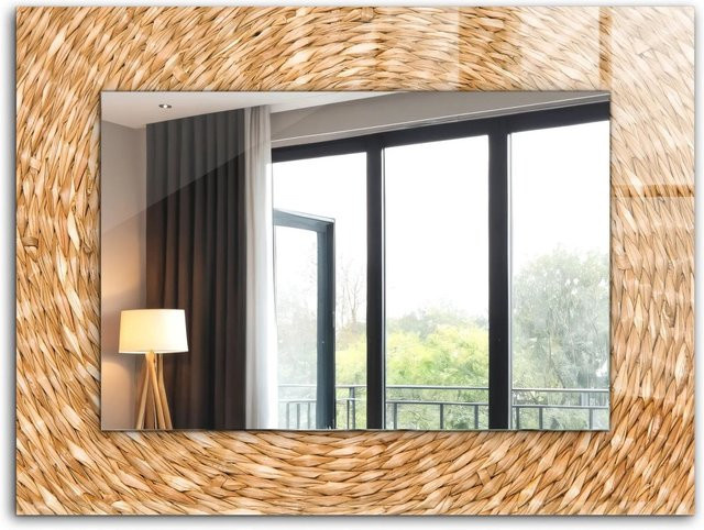 Tulup Dekorativer Wandspiegel Akazie mit Ornamenten, Rechteckig, Beige/Braun, B: 80 cm, H: 60 cm - Bild 1