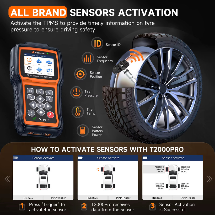 FOXWELL T2000 PRO TPMS Programmiergerät zur Neu-Aktivierung von Reifendruckkontrollsystemen mit OBD2 Diagnose-Funktion in Gold-Schwarz - Bild 4