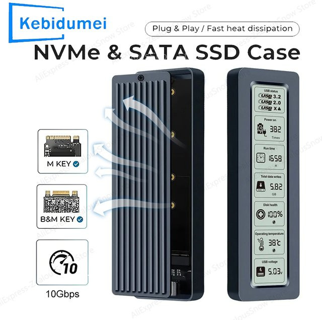 Kebidu M.2 NVMe und SATA SSD-Gehäuse mit Display, 10Gbps USB 3.2 Gen2 und USB-C Anschluss, Schwarz - Bild 1