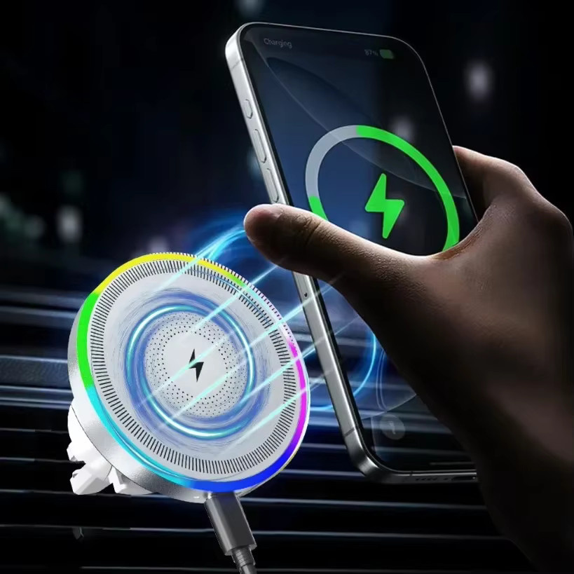 Opansten Magnetische Auto-Handyhalterung mit kabellosem Ladegerät und RGB-Licht in Weiß für iPhone 17 16 15 14 13 12 Pro Max mit Lüftungsschlitz-Klemmhalterung - Bild 2