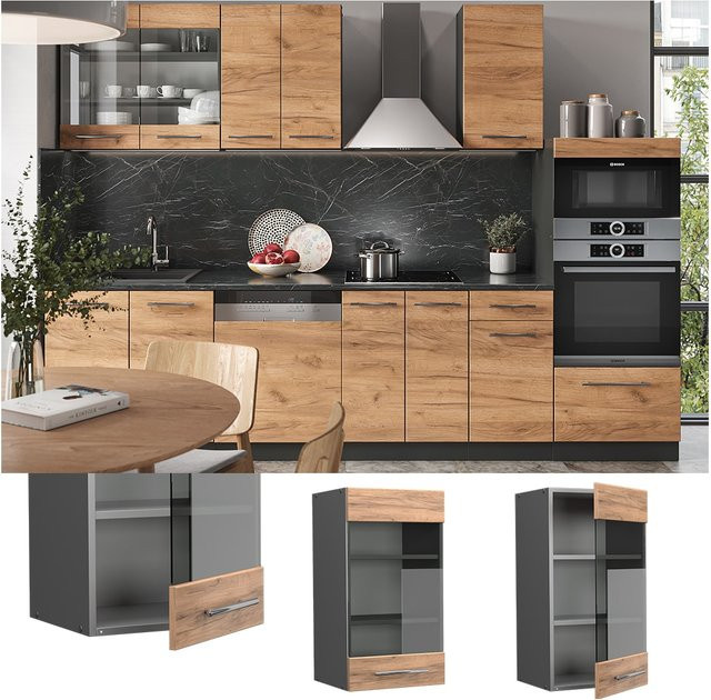 Vicco Küchen-Hängeschrank Fame-Line mit Glasschranktüren in Anthrazit und Eiche, Breite: 40 cm - Bild 1
