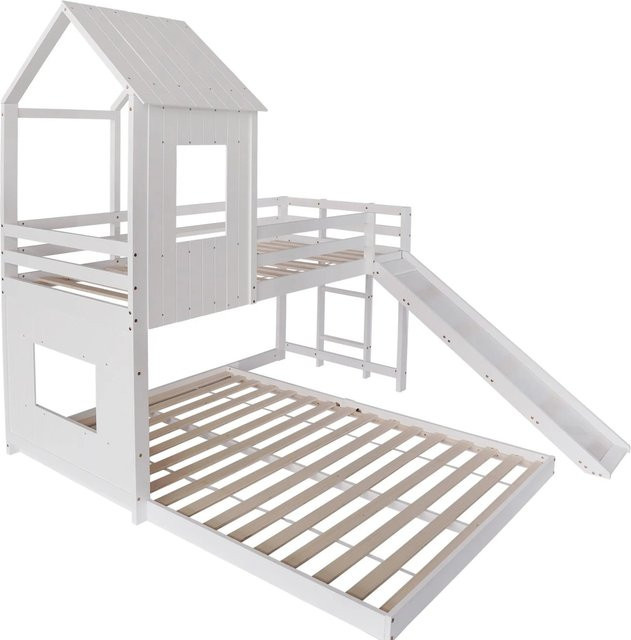 KOMHTOM Etagenbett Hausbett für Kinder mit Rutsche und dreistufiger Leiter, Farbe Weiß, Material Kiefer und MDF, B/T/H: 227 x 140 x 216 cm (obere Liegefläche 90 x 200 cm, untere Liegefläche 140 x 200 cm) - Bild 1