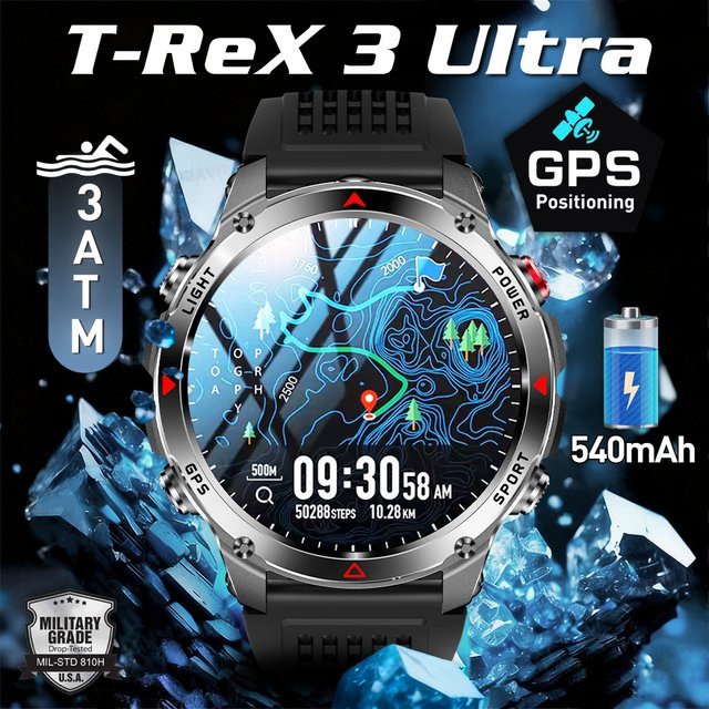 OUIO Militär-T-Rex 3 Ultra GPS-Smartwatch in Schwarz mit Taschenlampe, Herzfrequenzmessung und Sport-Tracker, 3 ATM wasserdicht, 540 mAh Akku - Bild 1