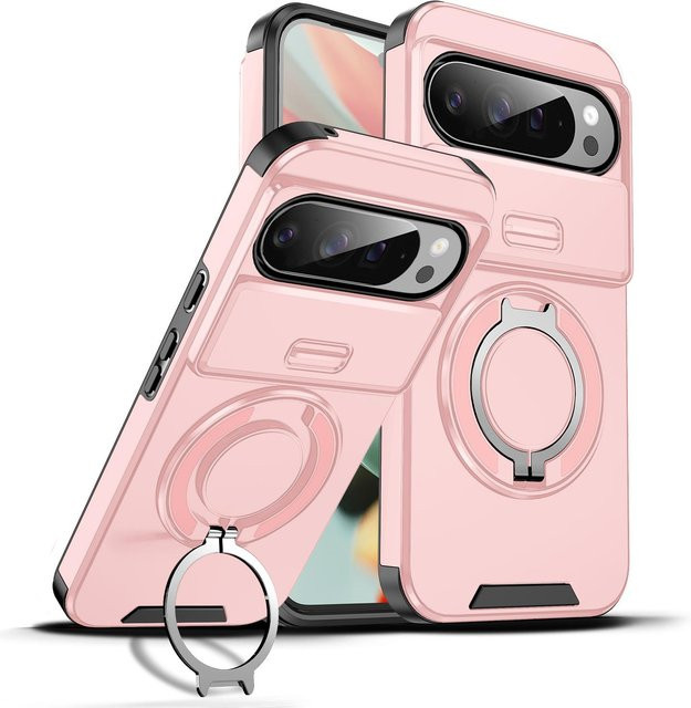 Stoßfeste Schiebekamera Hülle für Google Pixel 9a in Pink mit magnetischem Metallring Halter und robuster Rüstung - Bild 1