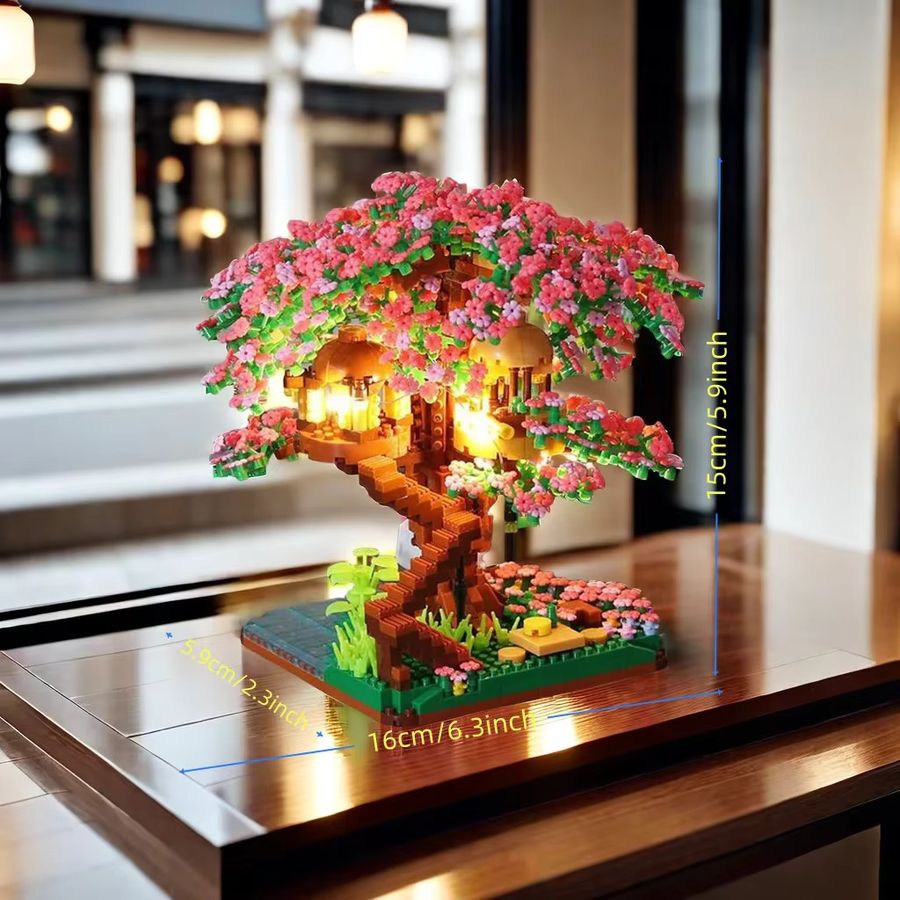 KNEW BUILT Sakura-Baum-Mikroblöcke mit LED-Leuchten als Kirschblüten-Baumhaus-Modell und romantisches 3D-Nachtlicht-Dekor - Bild 2