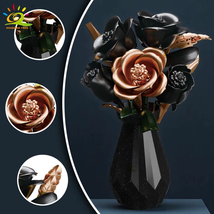 HUIQIBAO MOC Blumenmodell Bausteine Rose und Tulpe Bouquet in Schwarz und Weiß als 3D Ziegel Spielzeug für die Dekoration oder als Valentinstagsgeschenk für Mädchen - Bild 3