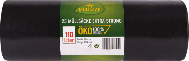 müllstar Öko-Müllsäcke extra strong, schwarz/blickdicht, 110 Liter, B/H: 70 x 100 cm, 25 Stück aus 100 % recyceltem Polyethylen - Bild 1