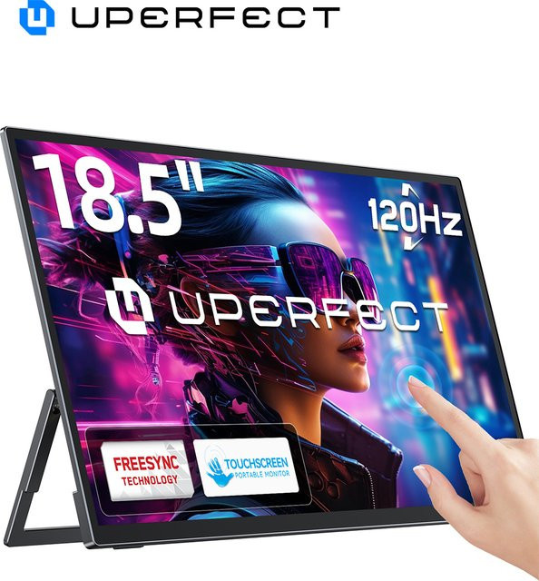 UPERFECT Tragbarer Monitor mit Touchscreen 18,5 Zoll 120 Hz in Schwarz mit VESA und 180 Grad verstellbarem Ständer für Laptop PC Mac Switch PS5 iPhone HUAWEI - Bild 1