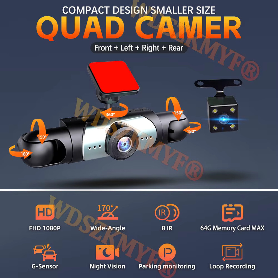 WDSZKMYF 360° Dash Cam mit 4 Objektiven, Full HD 1080P Auto Kamera für Vorne, Links, Rechts und Rückansicht, Black Box in Schwarz - Bild 2