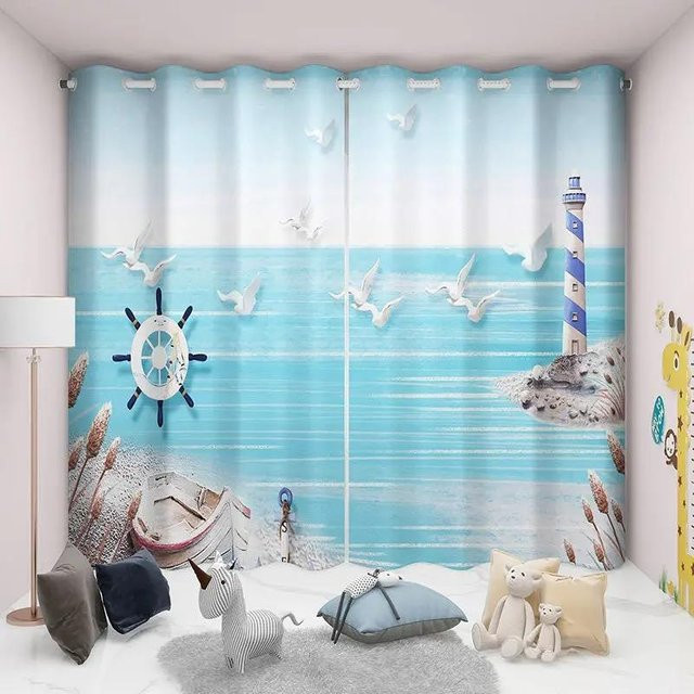 2er-Set Vorhänge mit Meeresküste und tropischer Landschaft, blau, halbtransparent, Polyester, B: 140 cm, H: 160 cm - Bild 1