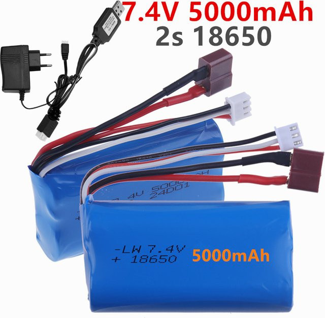 Wltoys Upgrade 7,4V 18650 Li-Ion Akku mit 5000mAh und Ladegerät in Blau für RC Autos 10428 12428 12423 Q46 SCY-16101PRO SCY-16102P - Bild 1