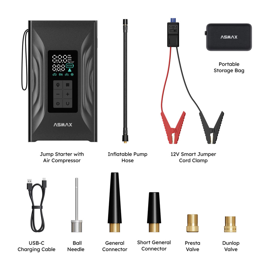 ASMAX T20 3000A Tragbarer Auto-Starthilfe-Kompressor und Reifenfüller mit 150PSI, Notstromversorgung für 12V Autos, USB-C-Ladung, Schwarz - Bild 7