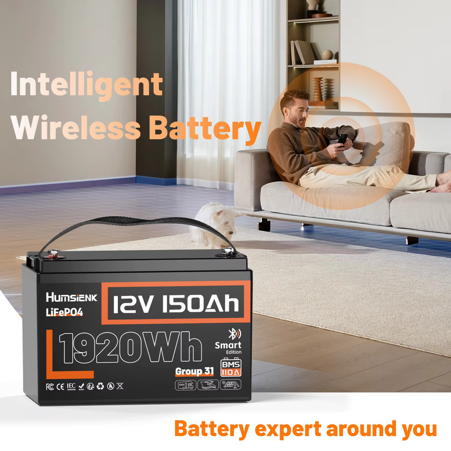 Humsienk Bluetooth 12V 150Ah Lithium LiFePO4 Deep-Cycle-Batterie in Schwarz mit 110A BMS für Solar, Wohnmobile und Marine - Bild 5