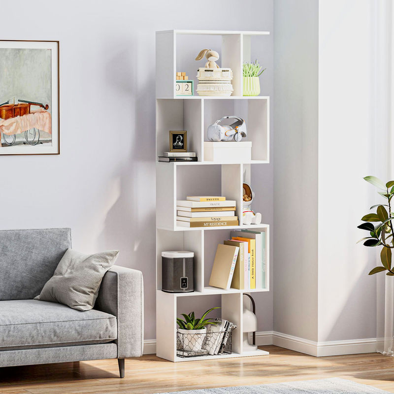 HOMCOM S-förmiges Standregal mit 5 Regalfächern in Weiß, platzsparendes Holzregal als Raumteiler für Wohnzimmer, Schlafzimmer und Büro, B/T/H: 60 x 24 x 184,5 cm - Bild 2