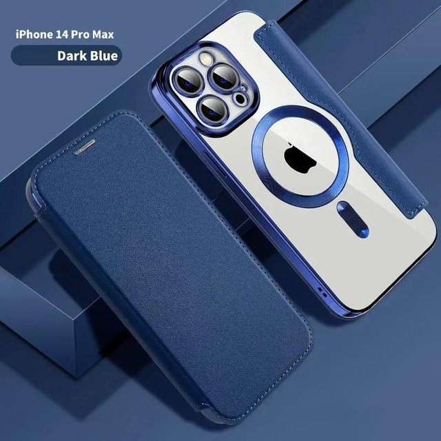 Luxus Flip-Lederetui für Apple iPhone 16 Pro Max 15 14 13 12 11 Plus Pro mit MagSafe kabellosem Laden in Blau - Bild 1