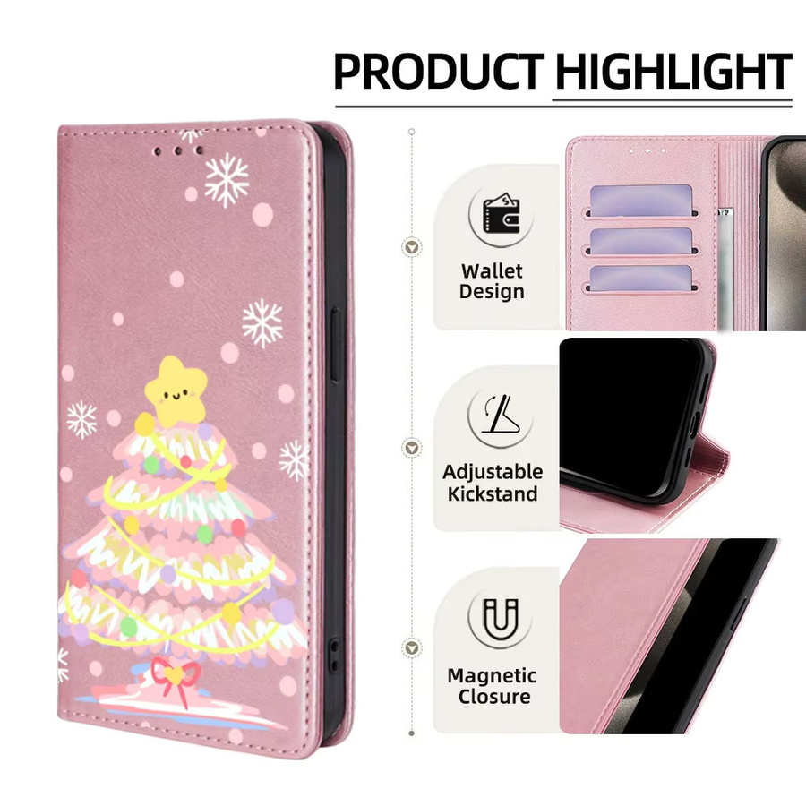 Magnetische Leder-Brieftaschenhülle mit Weihnachtsmuster für iPhone 11 bis iPhone 17 Pro Max in Pink - Bild 3